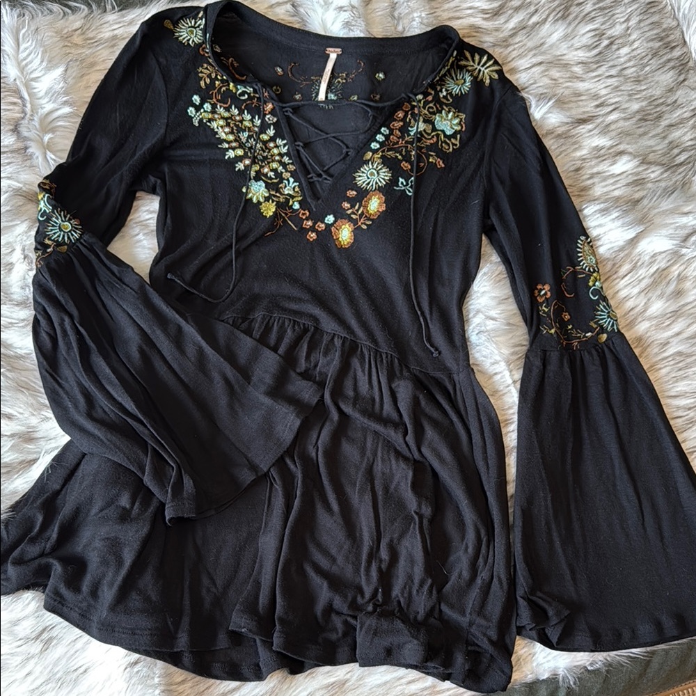 Free People Black Floral Embroidered Blouse